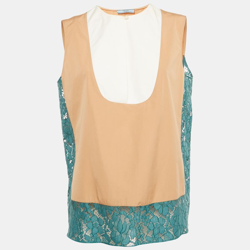 Prada Beige/White Cotton Floral Lace Trim Sleeveless Top M